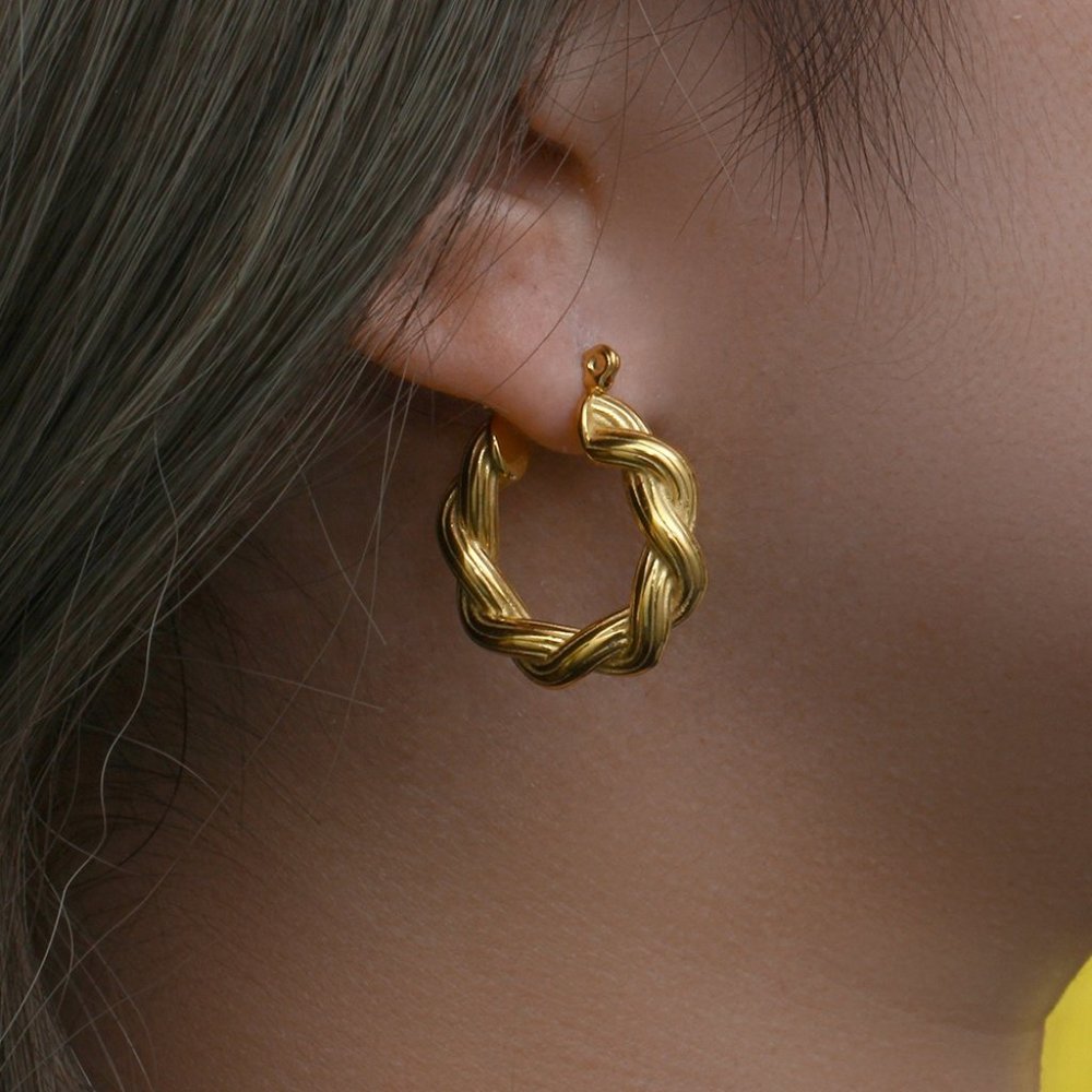Chunky Twisted Striped Texture Hoop Earrings 18K Gold Plating Stainless Steel - Picture 3 of 9
